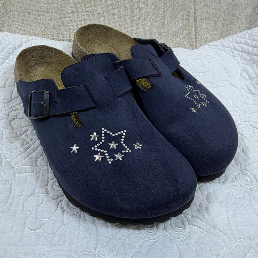 Papillio Birkenstock Women's 9 Blue Boston Clog Silver Star Embellished Shoes